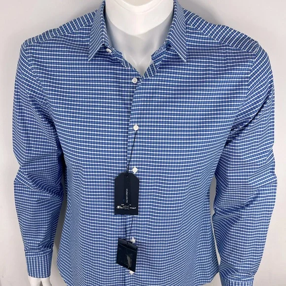 BEN SHERMAN, LONG SLEEVES MEN’S SHIRT, “XL 16,” BLUE AND WHITE SMALL CHECKERED - Picture 1 of 16